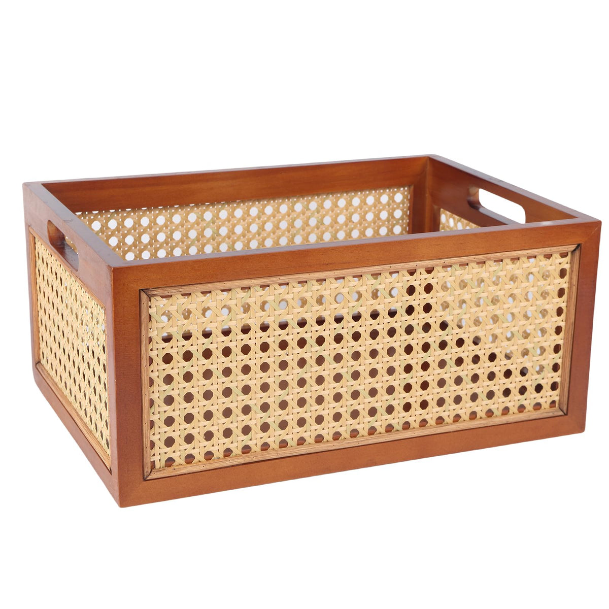 Wooden Storage Basket with Rattan Cane Webbing, Brown, Handles, Book, Office, Desktop Basket