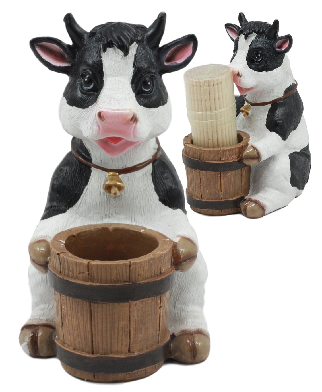 Ebros Country Farm Bovine Cow With Bell Collar Holding A Wooden Barrel Decorative Toothpick Holder Statue With Toothpicks 4'Tal