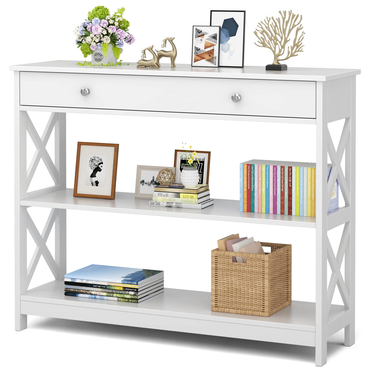 Kotek Console Table With Drawer And Storage Shelves, Narrow Sofa Table For Living Room, Easy Assembly, 3-Tier Entryway Table With Storage For Hallway (White)