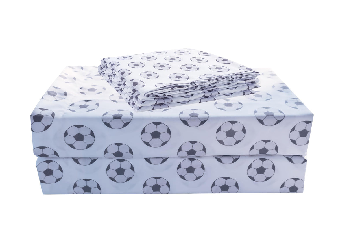 Chezmoi Collection 3-Piece Kids/Teens Sports Sheet Set - Soft Microfiber White Gray Black Soccer Balls, Twin Xl Size
