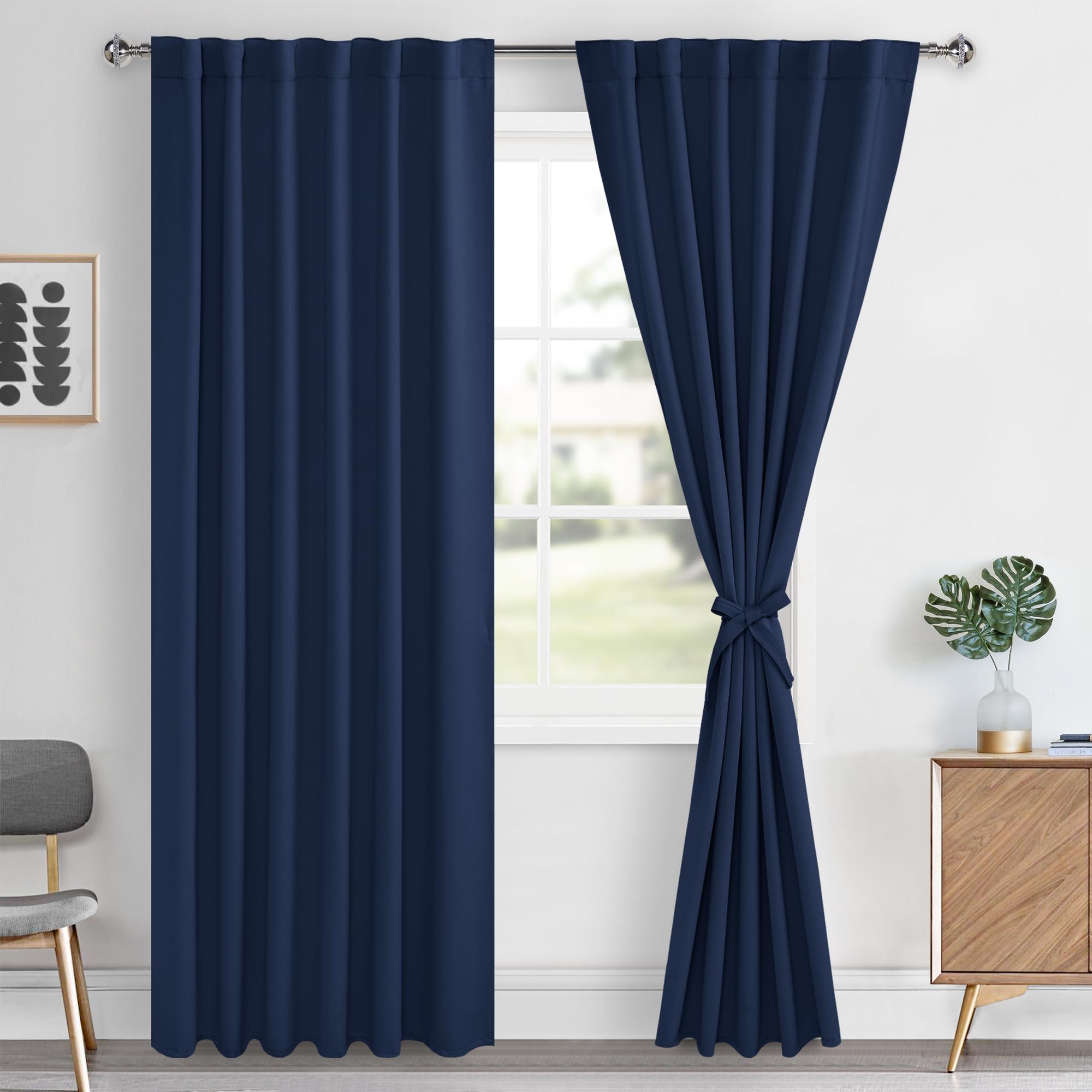 Hiasan Navy Blue Blackout Curtains 84 inches Long 2 Panels, Thermal Insulated Window Treatment Sewn with Tiebacks, Back Tab & Ro