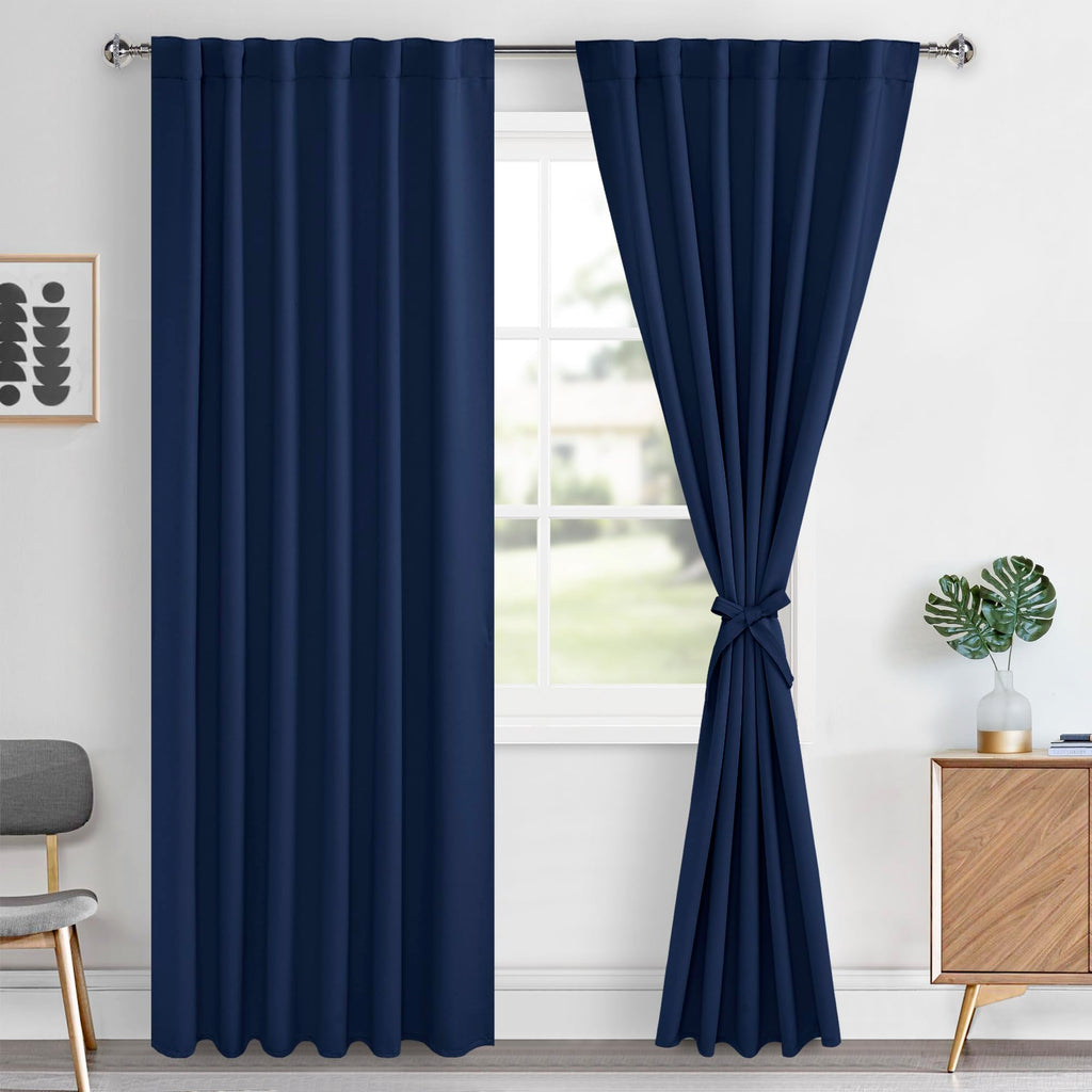 Hiasan Navy Blue Blackout Curtains 2 Panels for Bedroom, Back Tab & Rod Pocket Curtains 96 inch Long Sewn with Tiebacks, Room Da