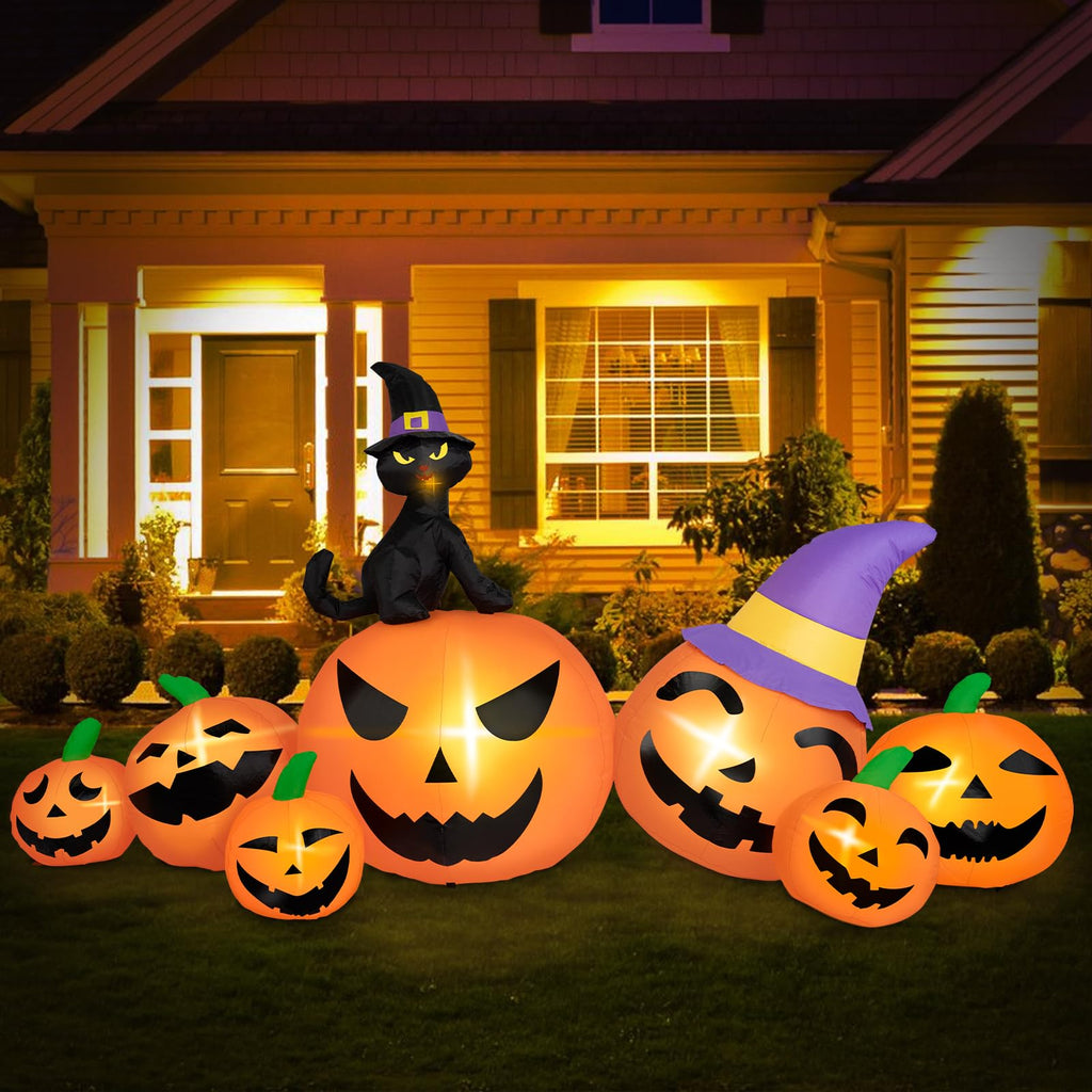 Brdjade 8Ft Long Halloween Inflatables Pumpkin Outdoor Decorations, 7 Blow Up Pumpkins Inflatables With Witch Hat & Black Cat Bu