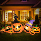 Brdjade 8Ft Long Halloween Inflatables Pumpkin Outdoor Decorations, 7 Blow Up Pumpkins Inflatables With Witch Hat & Black Cat Bu