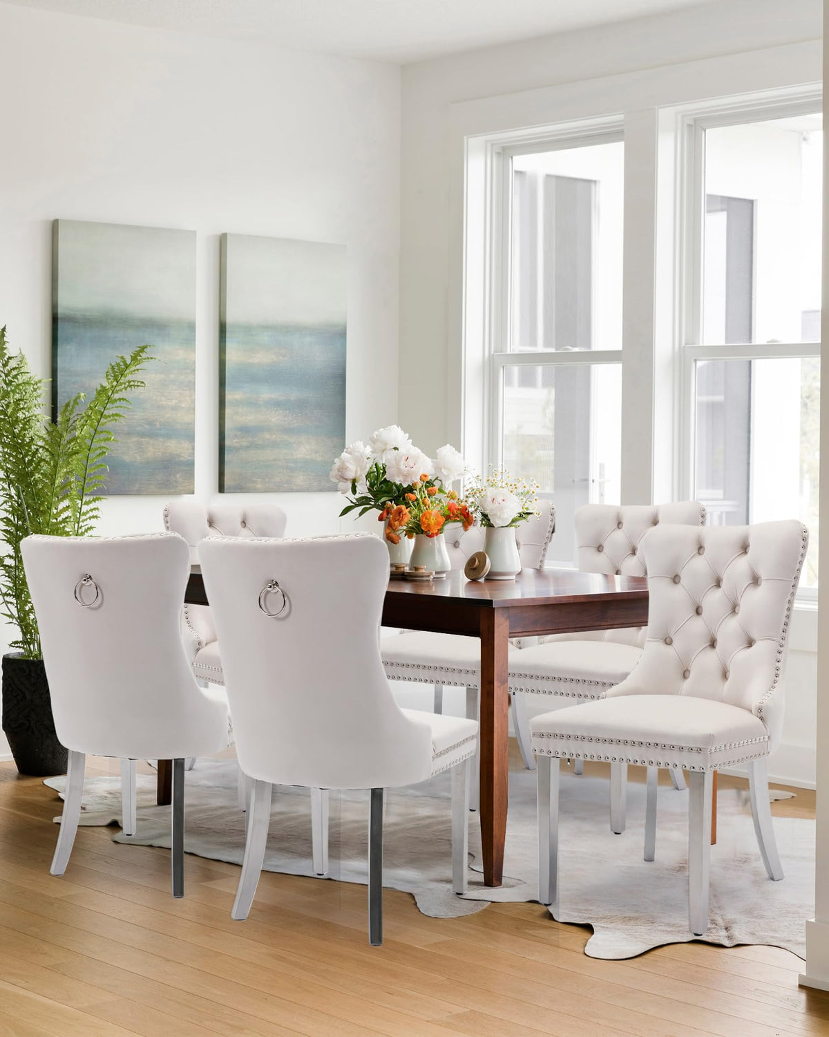 Vicbarley Velvet Dining Chair Set Of 6 Upholstered Tufted Dining Room Chair With Nailhead Trim And Stainless Steel Silver Plated