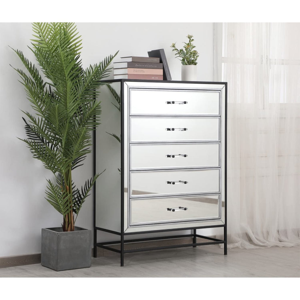 Elegant Decor Beau 48" Metal Acrylic and MDF Mirrored 6-Drawer Chest in Black