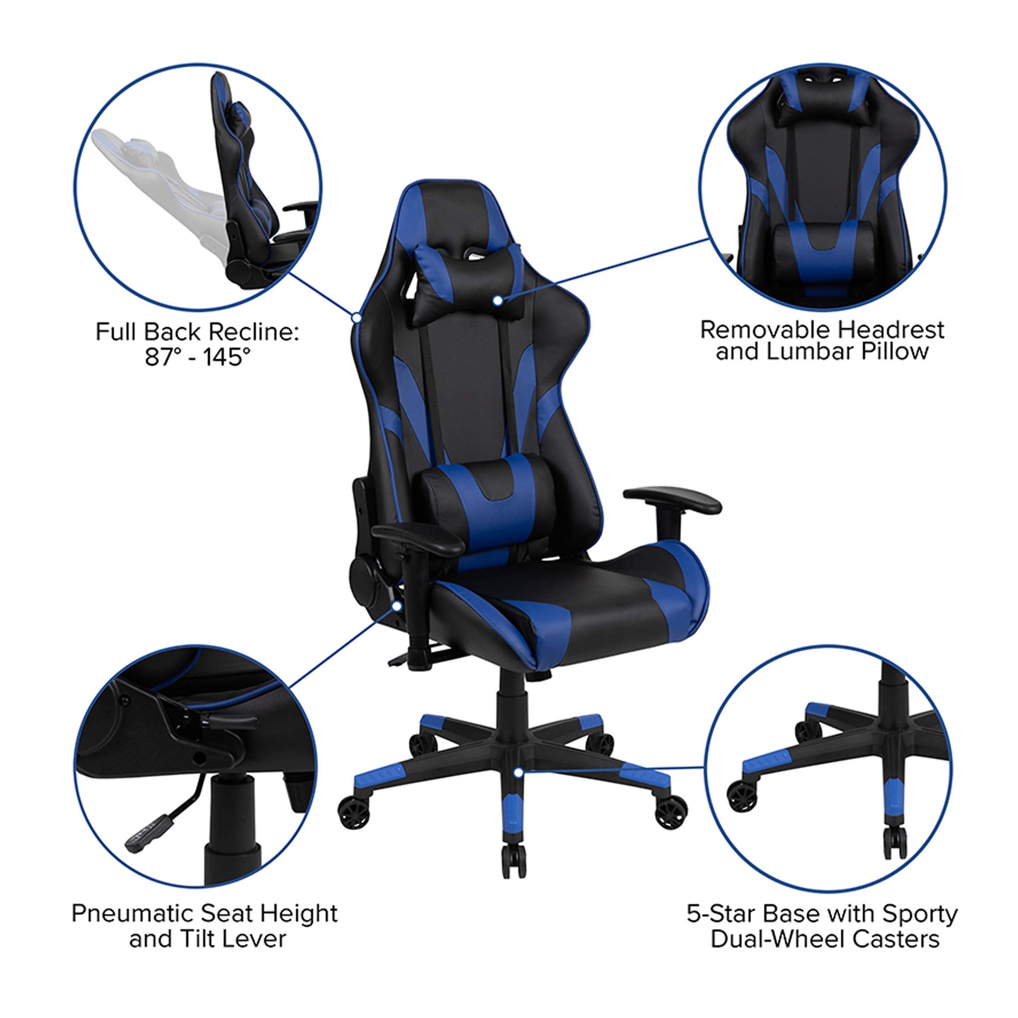 Flash Furniture X20 Gaming Chair Racing Office Ergonomic Computer Pc Adjustable Swivel Chair With Fully Reclining Back In Blue Leathersoft