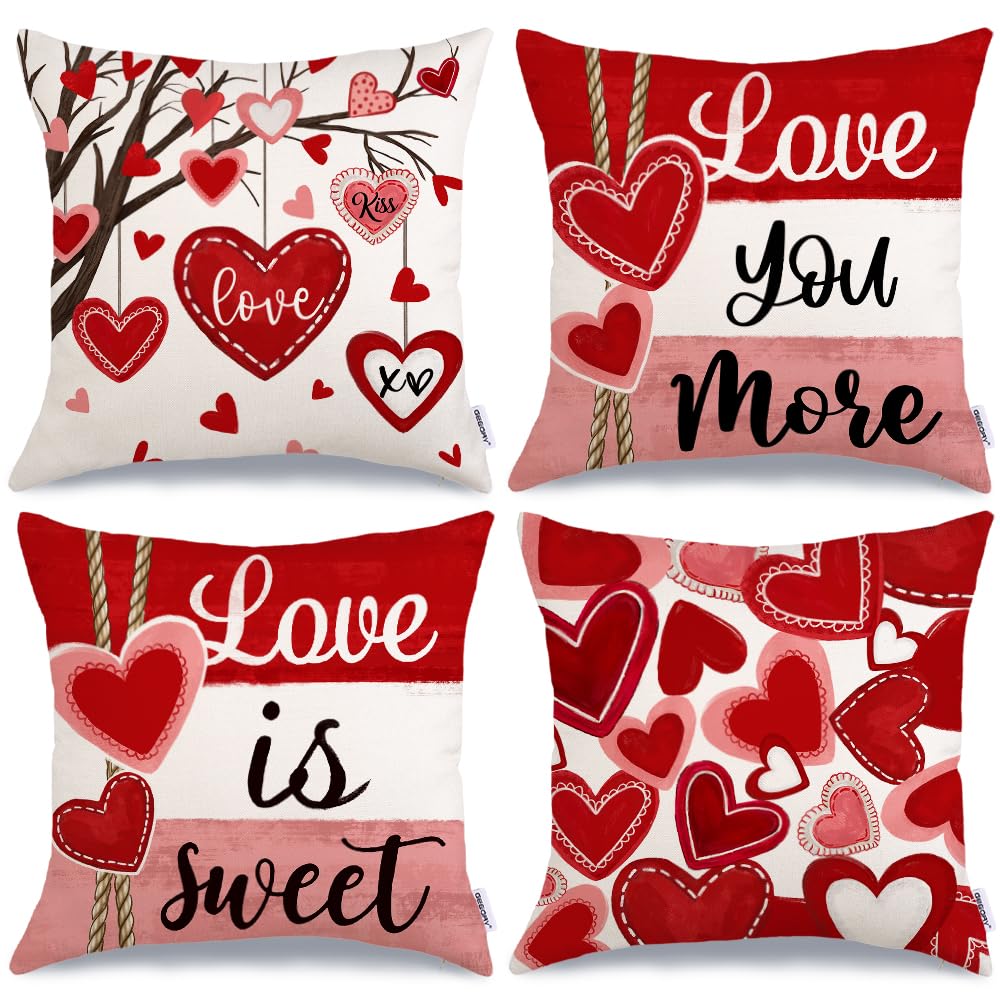 Geeory Valentine'S Day Throw Pillow Covers 16X16 Inch Set Of 4, Valentines Red Hearts Love You More Decorative Farmhouse Holiday