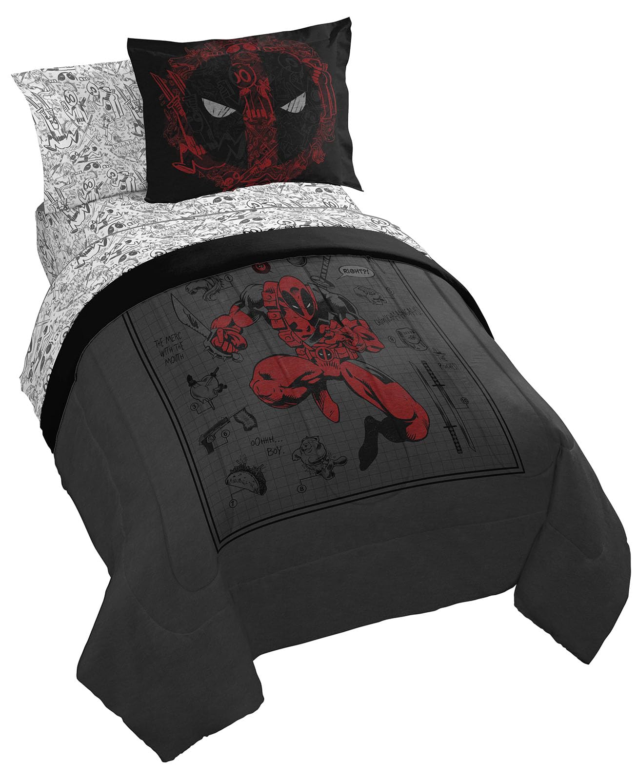 Jay Franco Marvel Deadpool Full Size Comforter Set - 7 Piece Bedding Includes Sheet Set And Pillow Covers - Gray And Red Super S