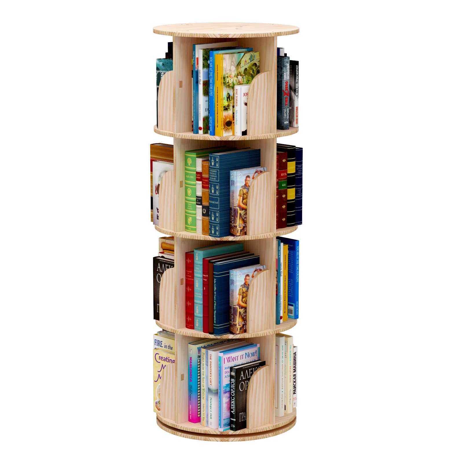 Bear Qiaqia Rotating Bookshelf 360 Degrees, 4 Tier Stackable Solid Wood Bookshelf Organizer, Storage Display Rack Floor Standing