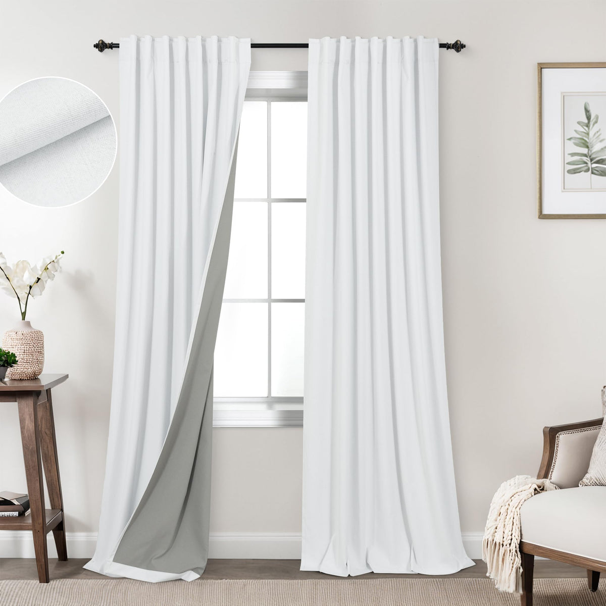 Koufall 86 Inch Length White Back Tab Linen Blackout Curtains For Living Room