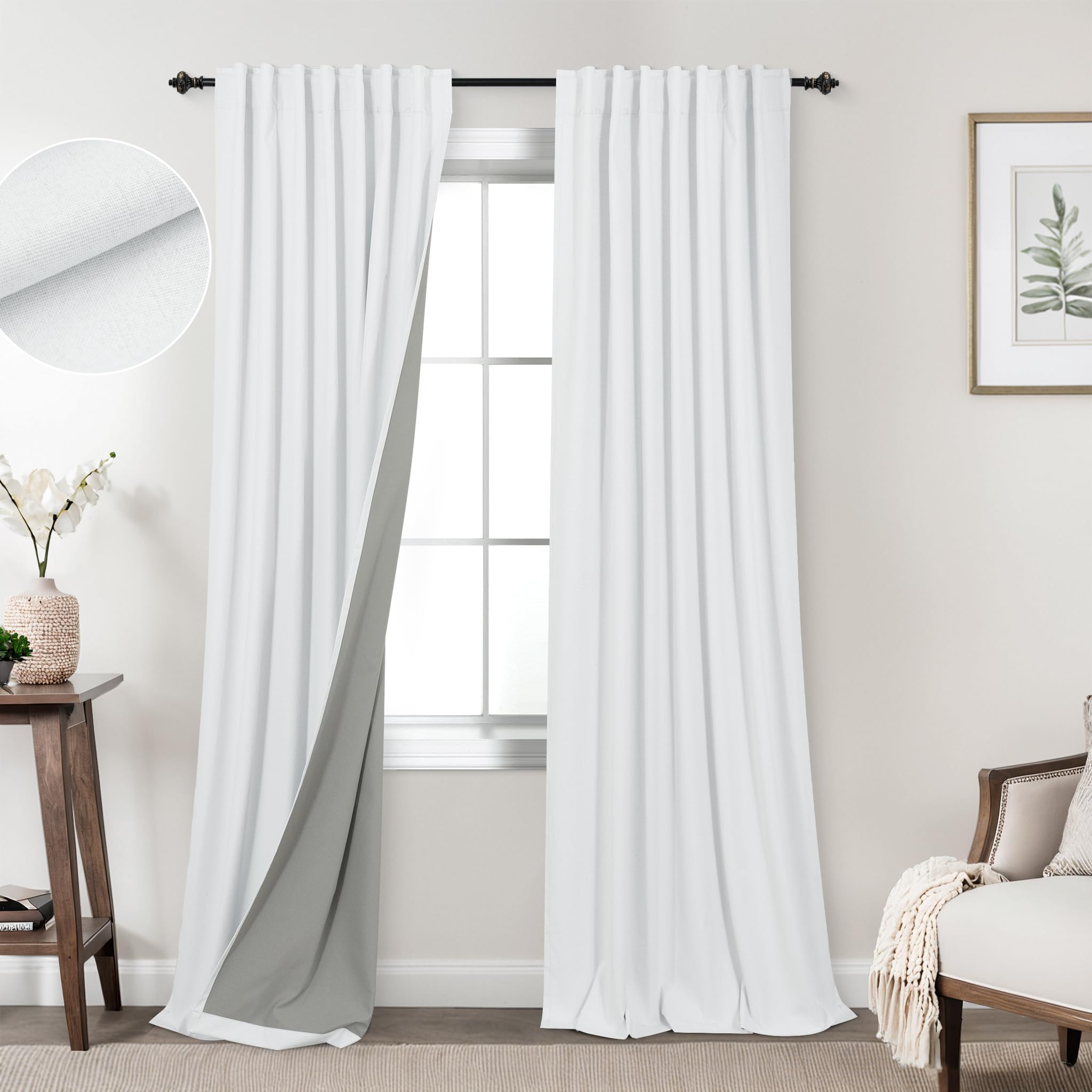 Koufall 86 Inch Length White Back Tab Linen Blackout Curtains For Living Room