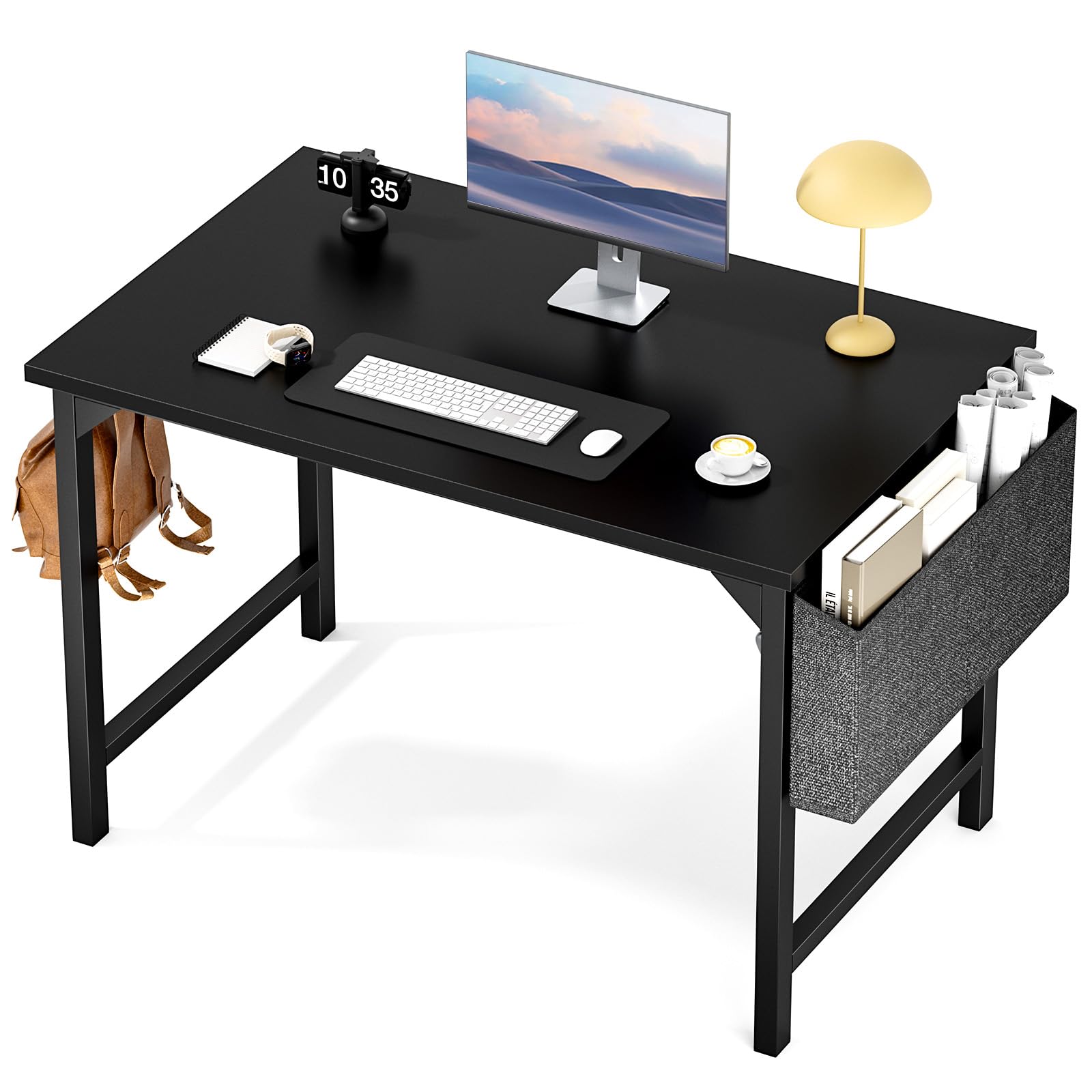 Sweetcrispy Small Computer Office Desk 40 Inch Kids Student Study Writing Work With Storage Bag & Headphone Hooks Modern Simple Home Bedroom Pc Table - Black