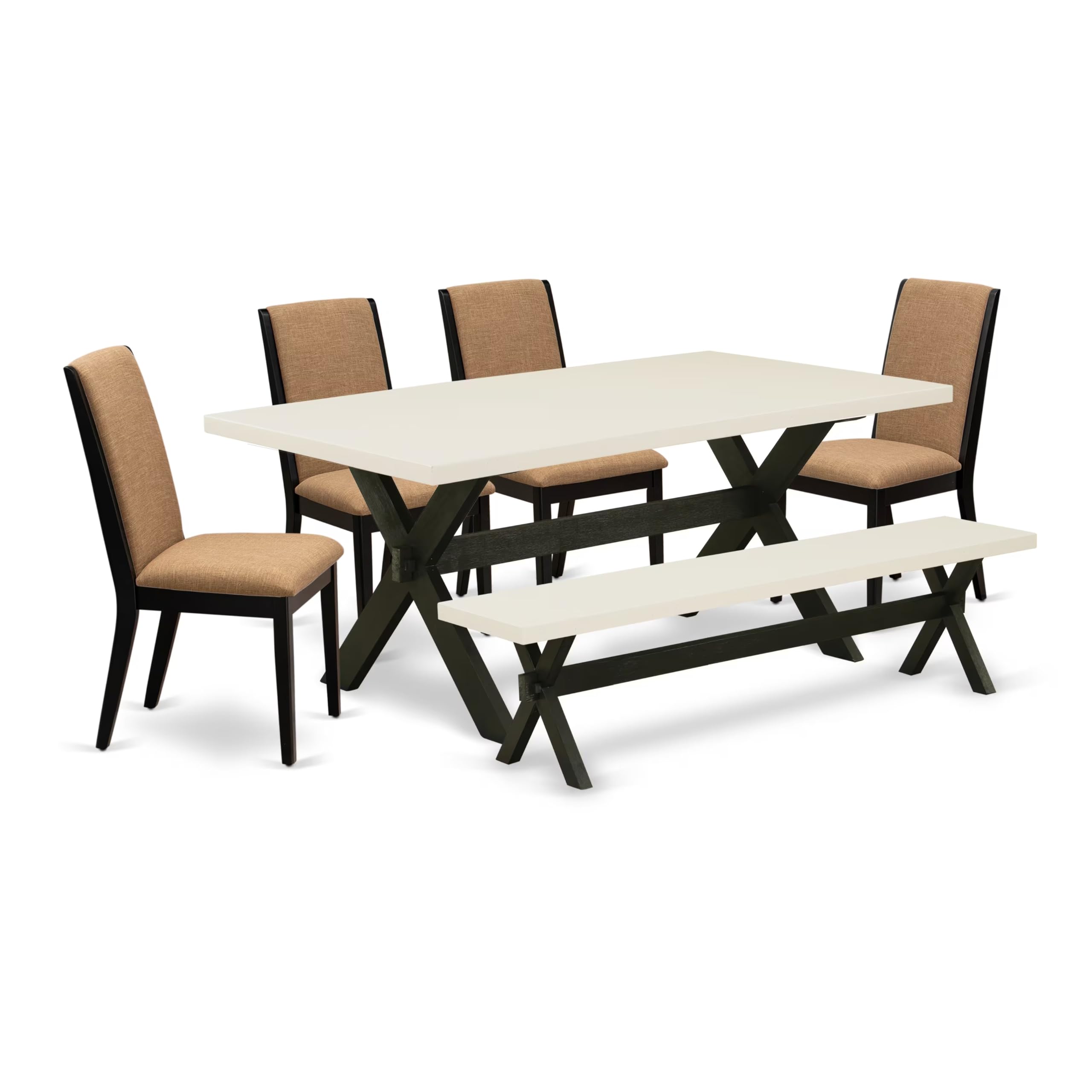 East West Furniture X627La147-6 6 Piece Dining Set Contains A Rectangle Dining Room Table With X-Legs And 4 Light Sable Linen Fabric Parson Chairs With A Bench, 40X72 Inch, Multi-Color