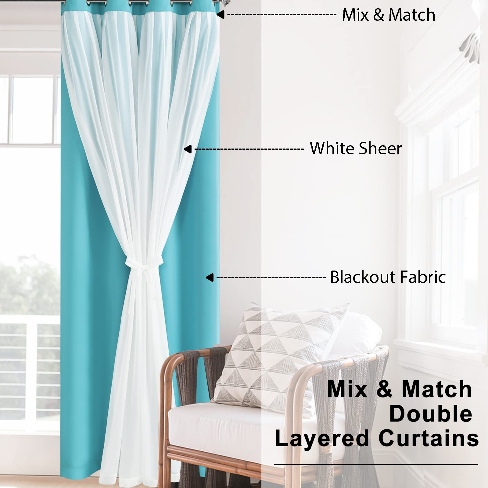Hiasan Blackout Curtains With Sheer Overlay, Thermal Insulated Sun Blocking Grommet Window Curtains For Bedroom, Living Room, Ki