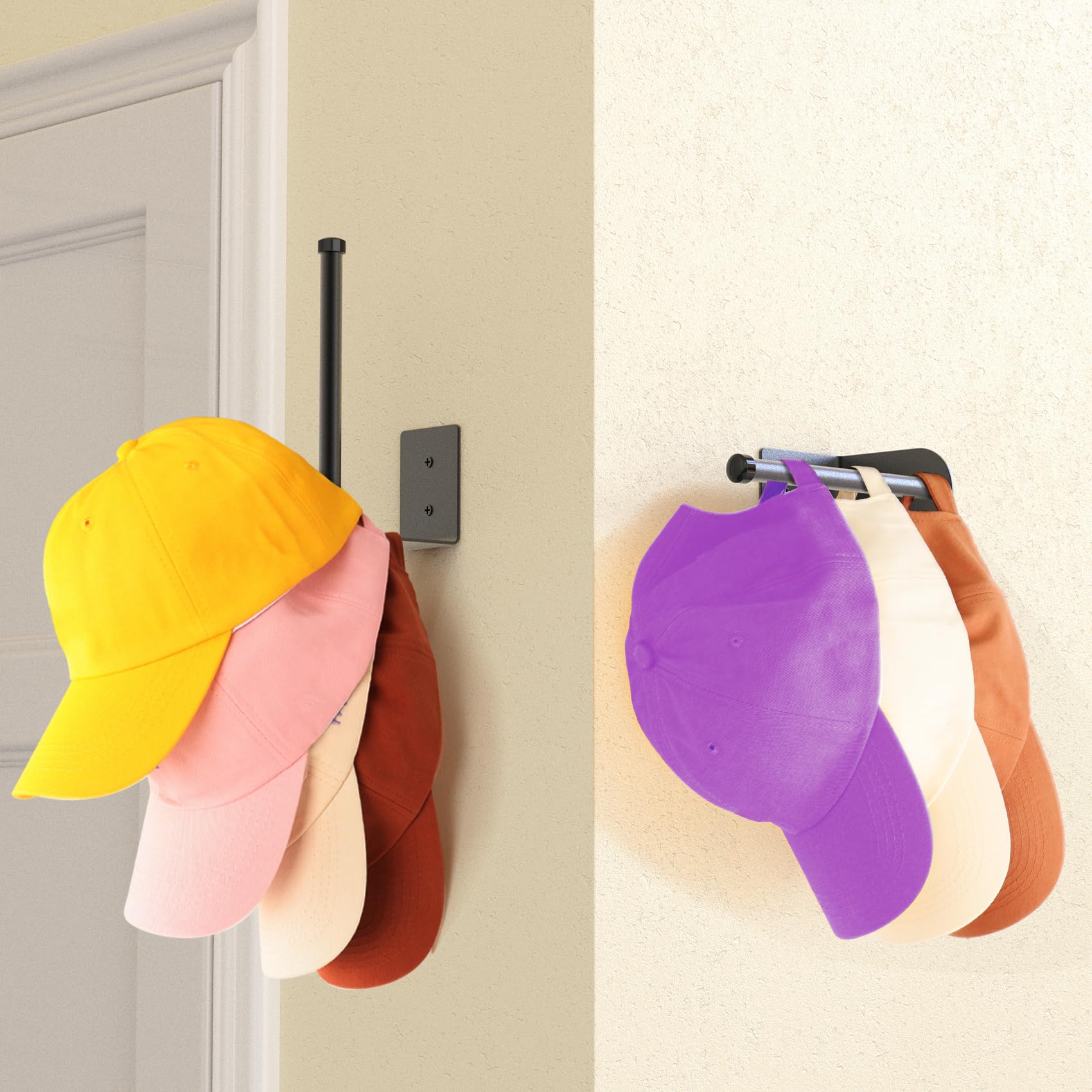 Durmmur 2 Pack Black Stainless Steel Hat Racks for Baseball Caps - Strong Adhesive/Wall Drilled Hat Organizer for Bedroom, Closet