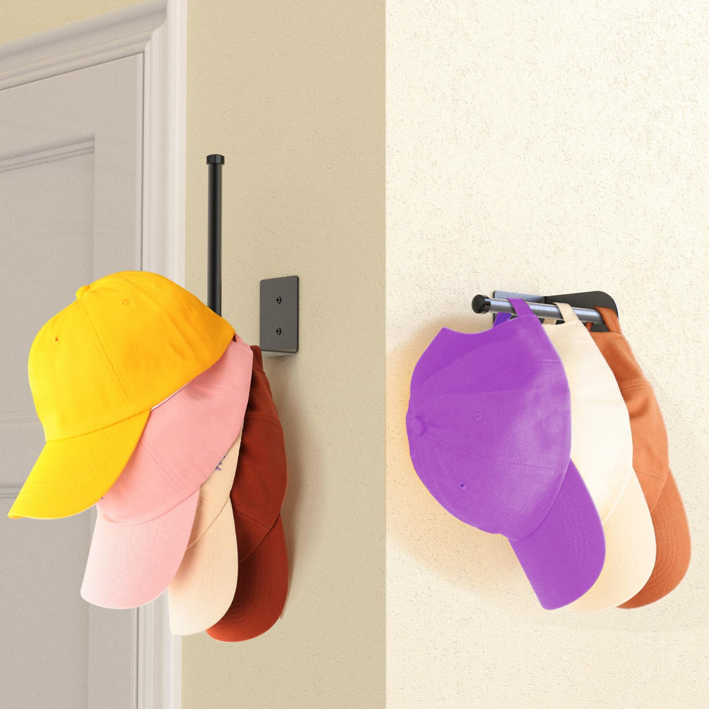 Durmmur 2 Pack Black Stainless Steel Hat Racks for Baseball Caps - Strong Adhesive/Wall Drilled Hat Organizer for Bedroom, Closet