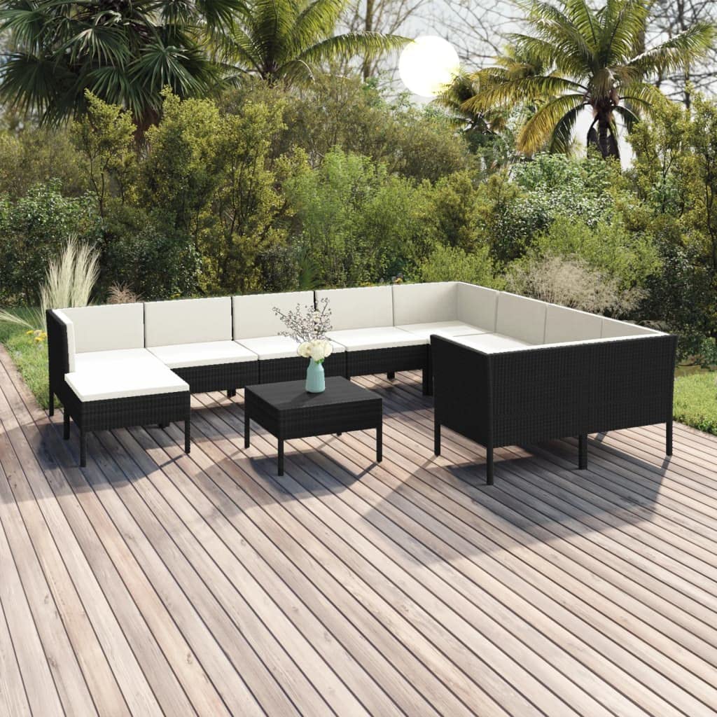 vidaXL 11-Pc Outdoor Lounge Set with Cream White Cushions - Durable Poly Rattan Patio Furniture - Convenient, Easy-to-Assemble Garden Seating