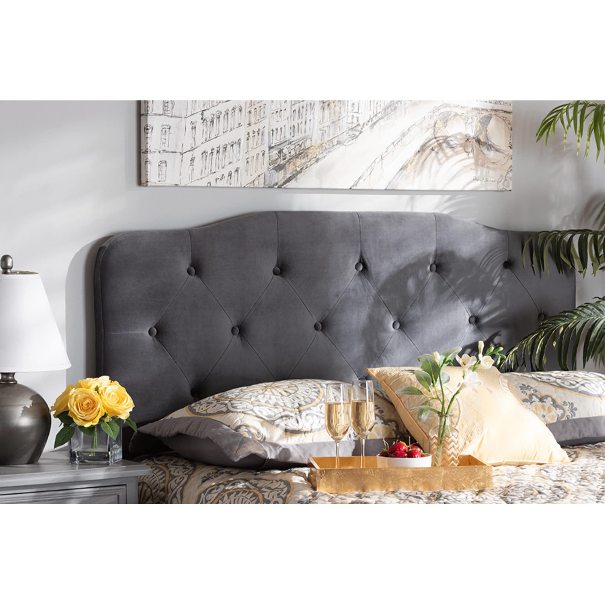 Baxton Studio Gregory Modern and Contemporary Grey Velvet Fabric Upholstered Queen Size Headboard