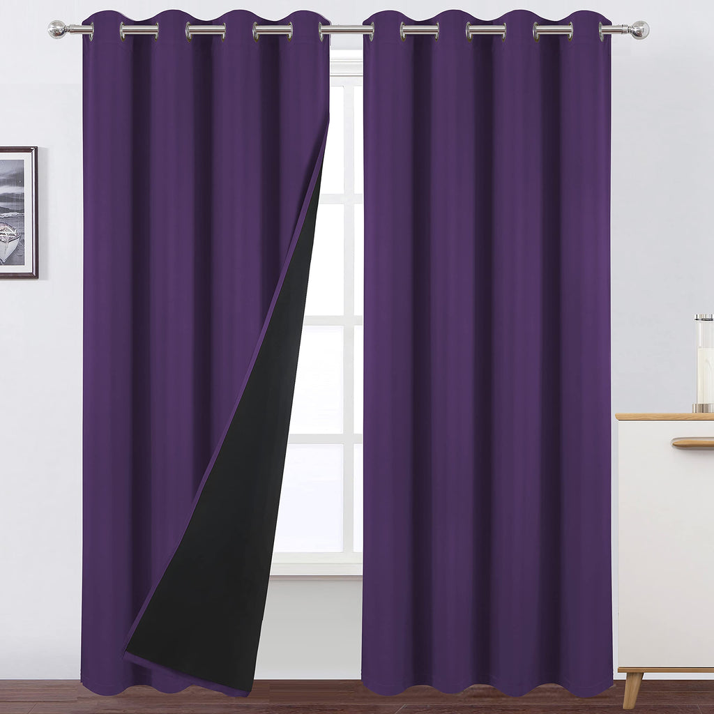LEMOMO 100% Blackout Curtains 52 x 95 Inch/Purple Curtains 2 Panels with Black Lining Room Darkening Thermal Insulated Bedroom C
