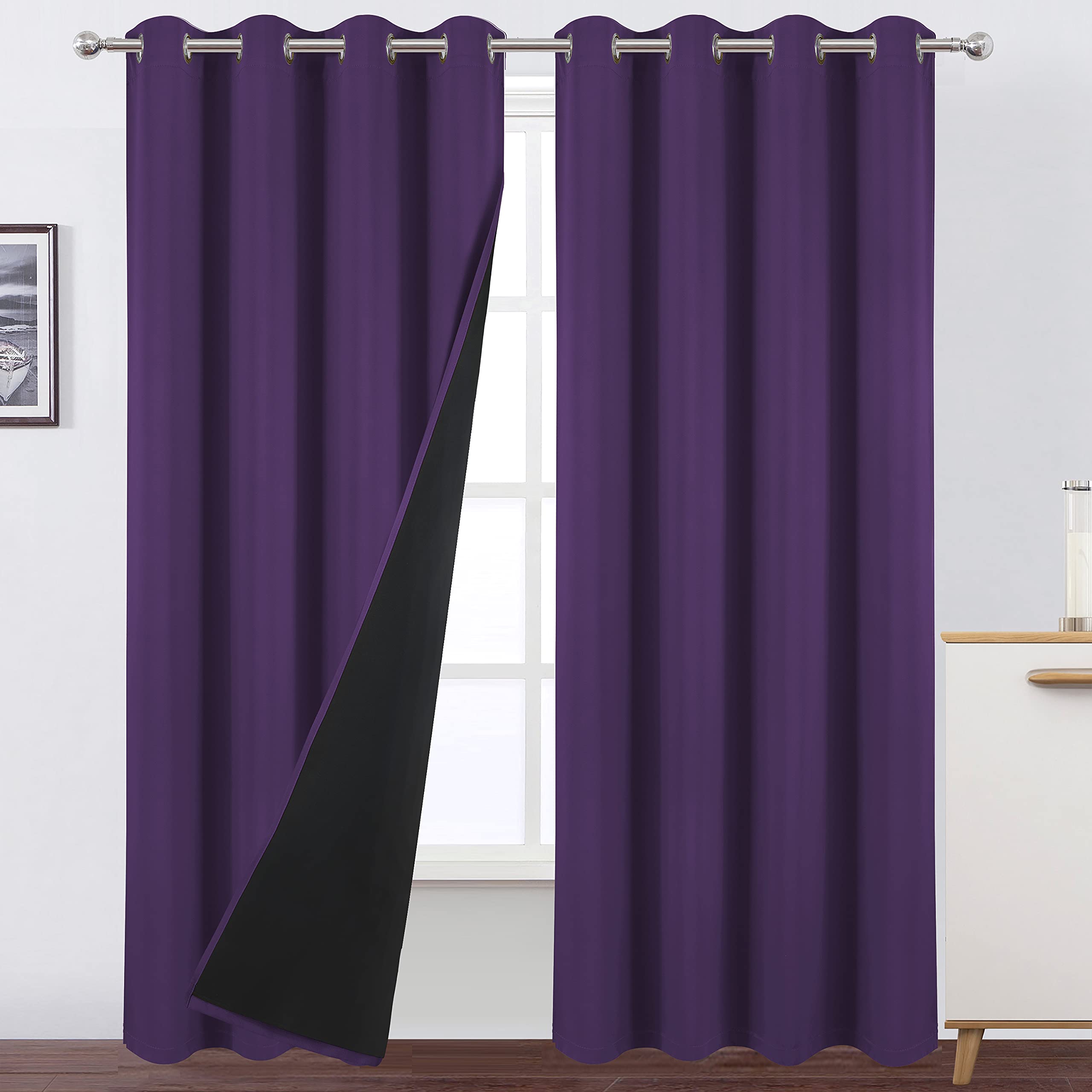 LEMOMO 100% Blackout Curtains 52 x 95 Inch/Purple Curtains 2 Panels with Black Lining Room Darkening Thermal Insulated Bedroom C