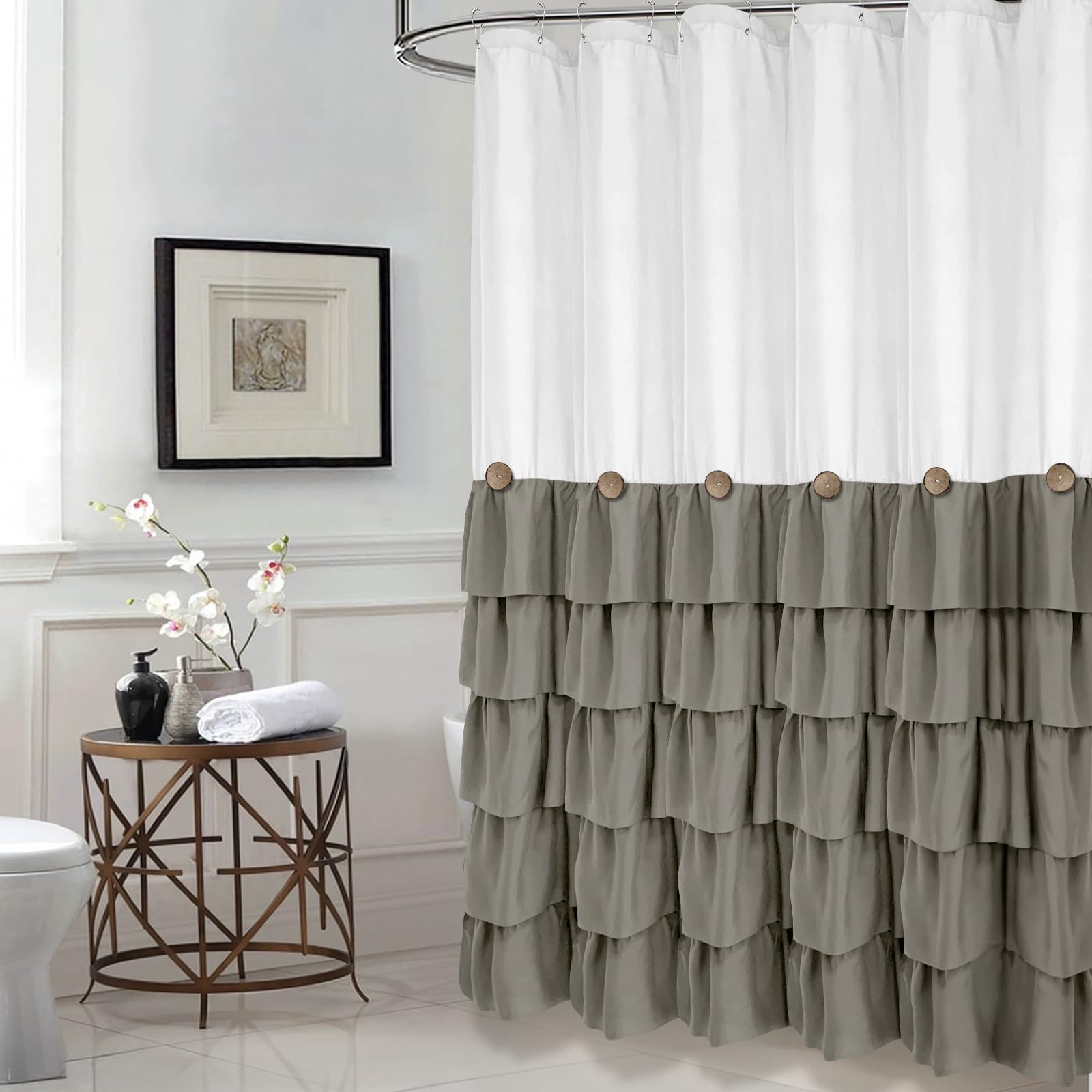 Seasonwood White And Gray Shower Curtain 72 X 72 With Nature Buttons Shabby Chic Shower Curtain French Country Style Modern Farm