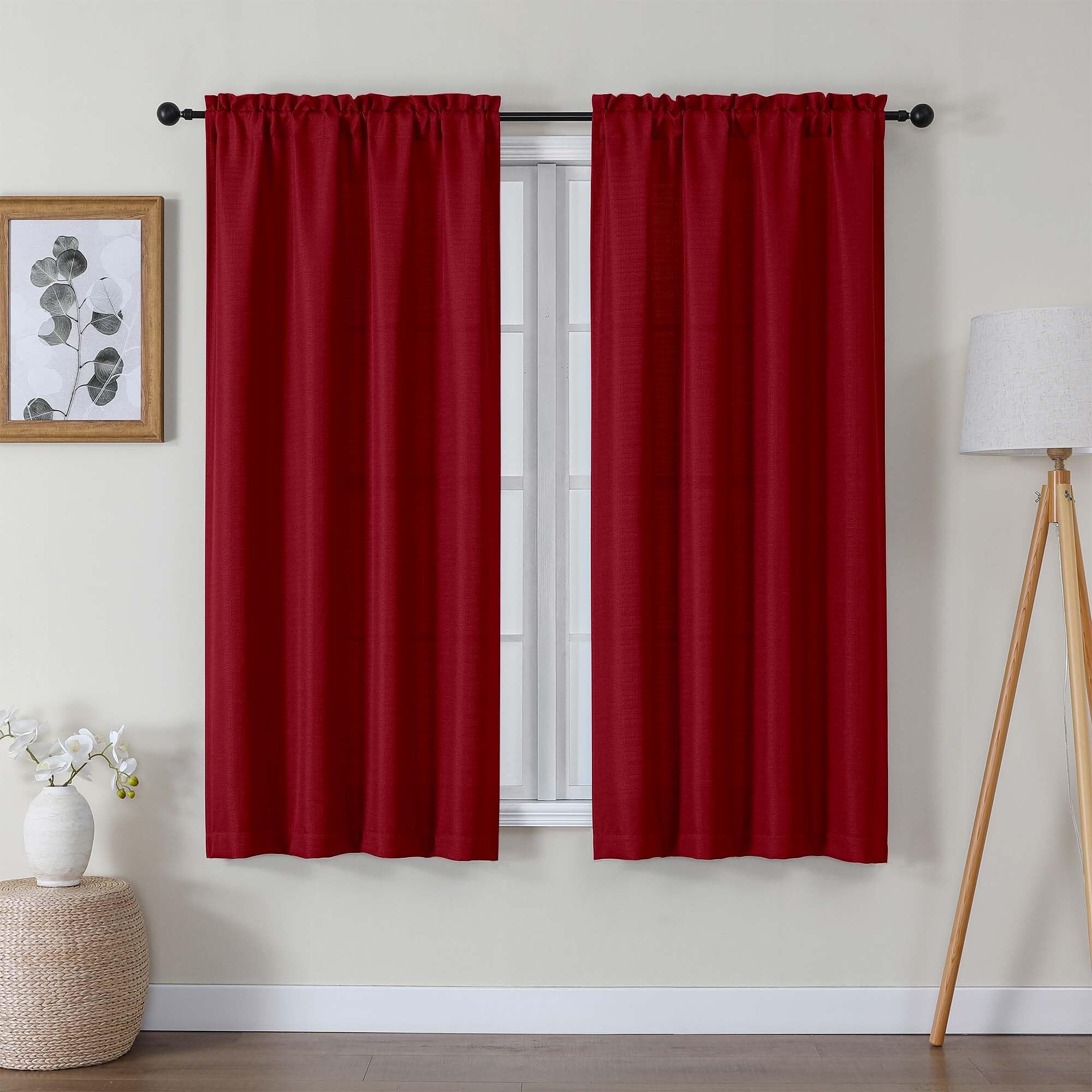Lecloud Bessie Red Christmas Curtains 63 Inch Length 2 Panels, Privacy Faux Linen Breathable Light Filtering Curtain, Rustic Dua