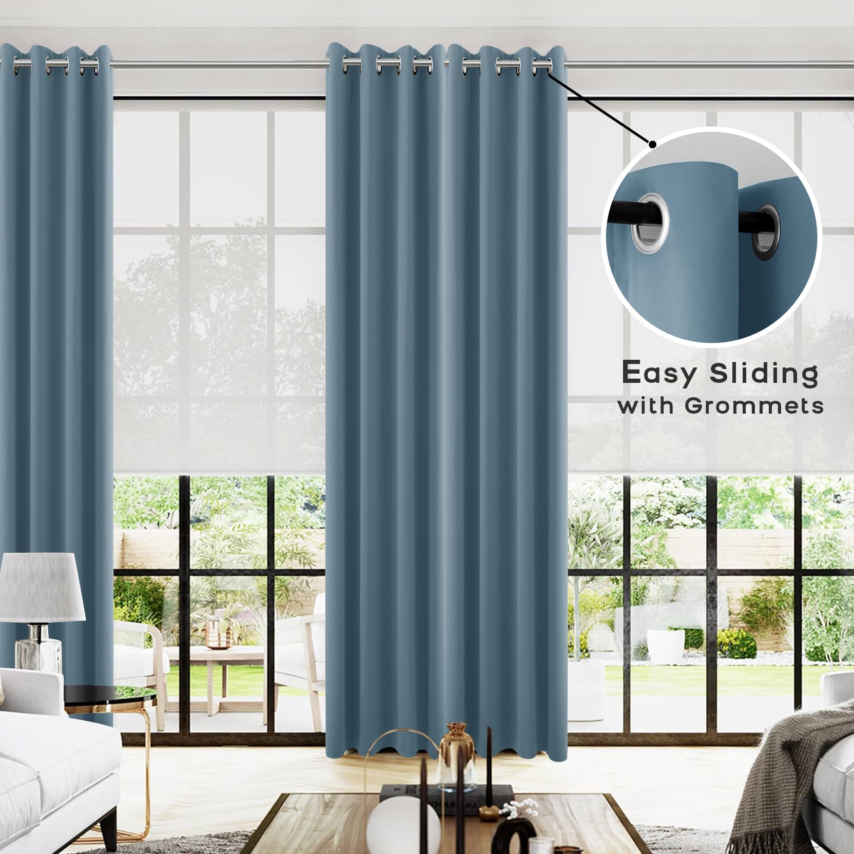 Koufall Blue Blackout Curtains 96 Inches Long For Living Room,Grommet Thermal Room Darkening Curtain For Bedroom 96 In Length 2 Panel Set,Dusty Grey Blue