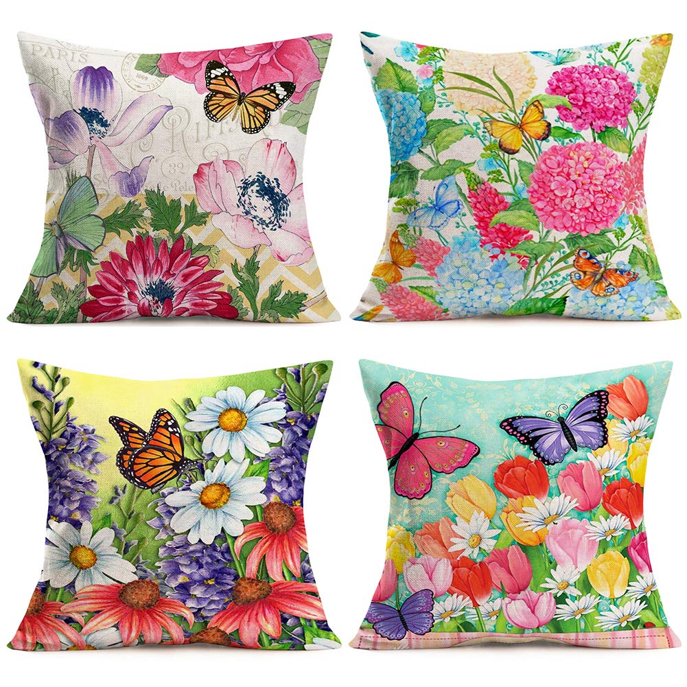 Doitely Set Of 4 Butterfly Series Throw Pillow Cases Colorful Blossoming Flowers Decorative Cushion Cover For Home Sofa Garden O
