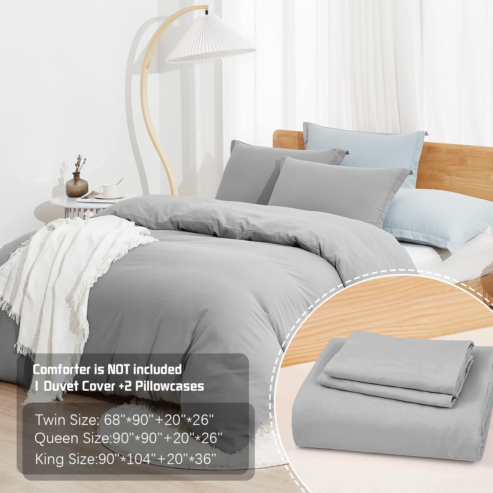 Dreaming Wapiti Duvet Cover King,Washed Microfiber Ice Grey King Size Duvet Cover Set,Solid Color - Soft And Breathable With Zipper Closure & Corner Ties (Ice Grey, King)