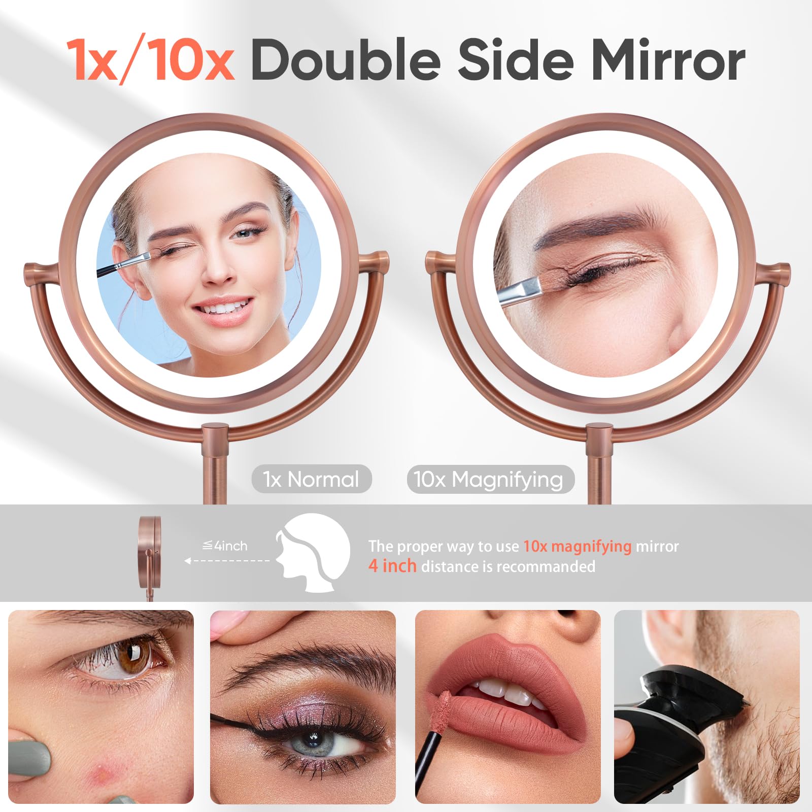 Gurun 8.5 Inch Tabletop Led Lighted Makeup Mirror With 10X Magnification Double Sided Vanity Mirror Plug Power Matte Rose Gold M