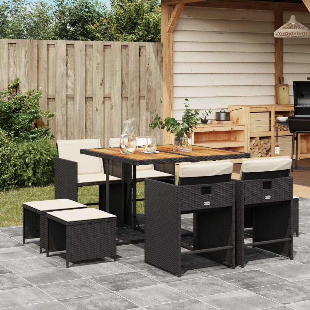 vidaXL Patio Dining Set with Cushions - 9 Piece Black and Cream Poly Rattan Garden Furniture with Acacia Wood Top