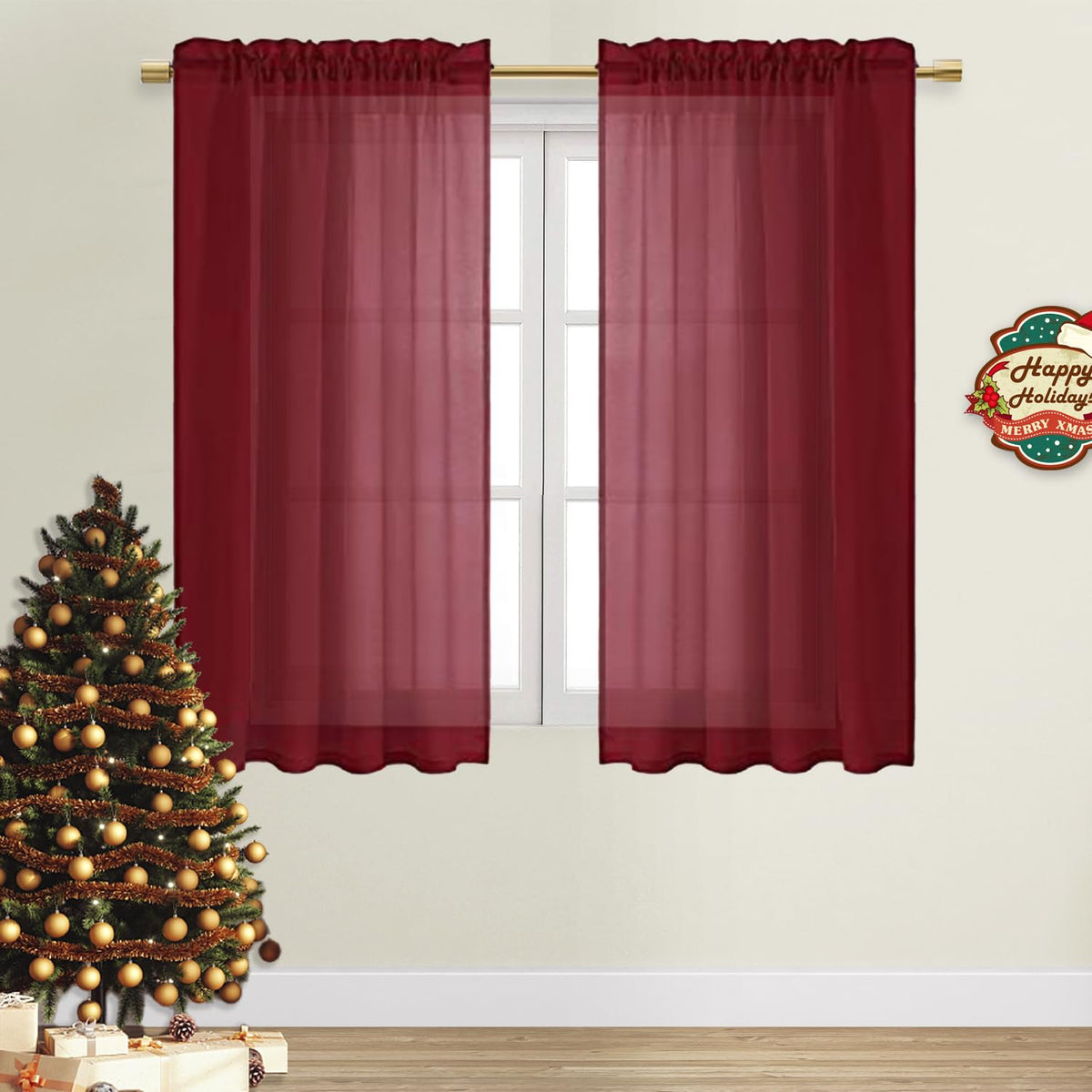 Dwcn Christmas Burgundy Sheer Curtains Semi Transparent Voile Rod Pocket Curtains For Bedroom And Living Room, 52 X 45 Inches Lo