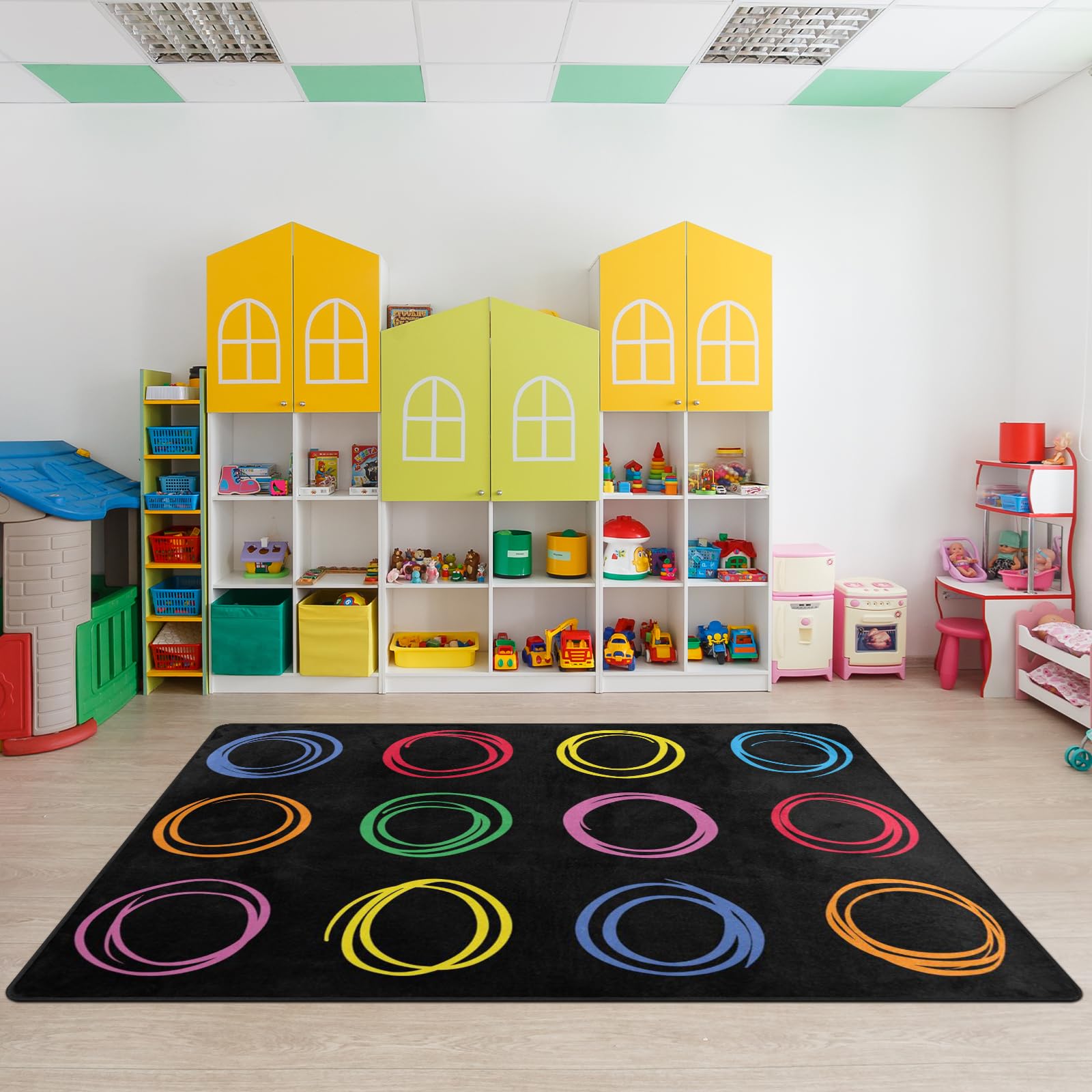 Kids Rug, Classroom Carpets Playmat Rugs, 5X7 Ft Kids Carpet With Rubber Backing, Colorful Circles Children'S Classroom Seating