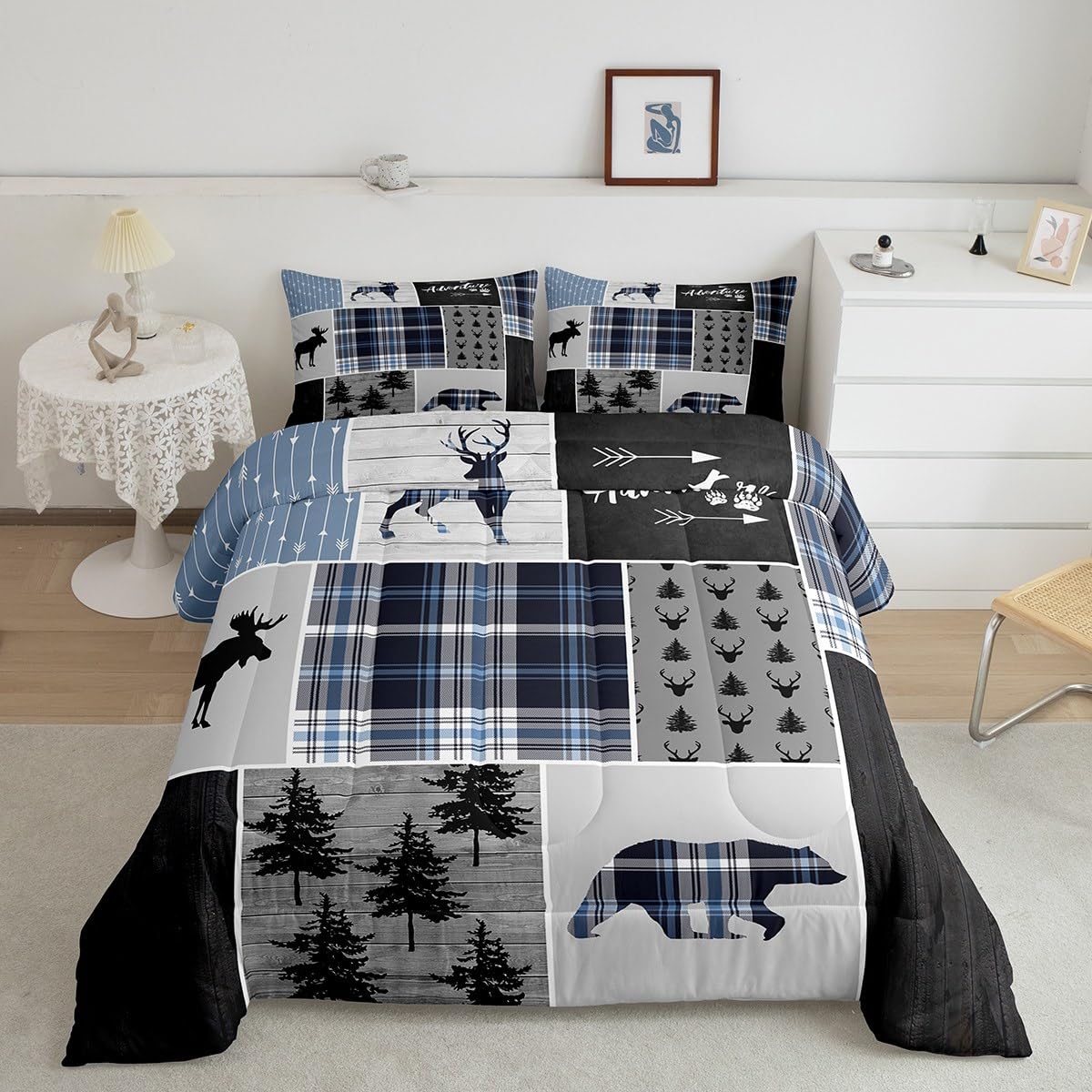Rustic Adventure Kids Comforter Set Queen Size,Deer Bear Pine Trees Xmas Bedding Set For Boys Girls Adults Room Decor,Plaids Arr