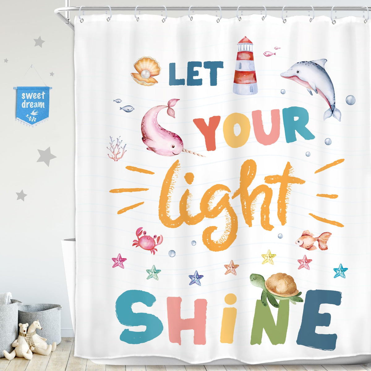 Homewelle Kids Quotes Shower Curtain Inspirational Cartoon Ocean Sea Animals Colorful Let You Light Shine Classical 60Wx72H Inch