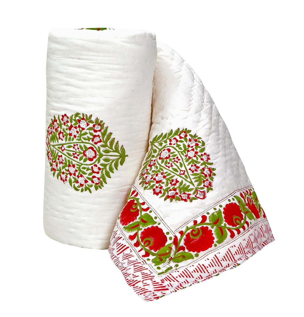 PINAARAS INTERIOR Hand Block Prints Cotton for Light Winters Single Bed Quilts/Razai/Rajai  Green/Red (60X90 INCHES)