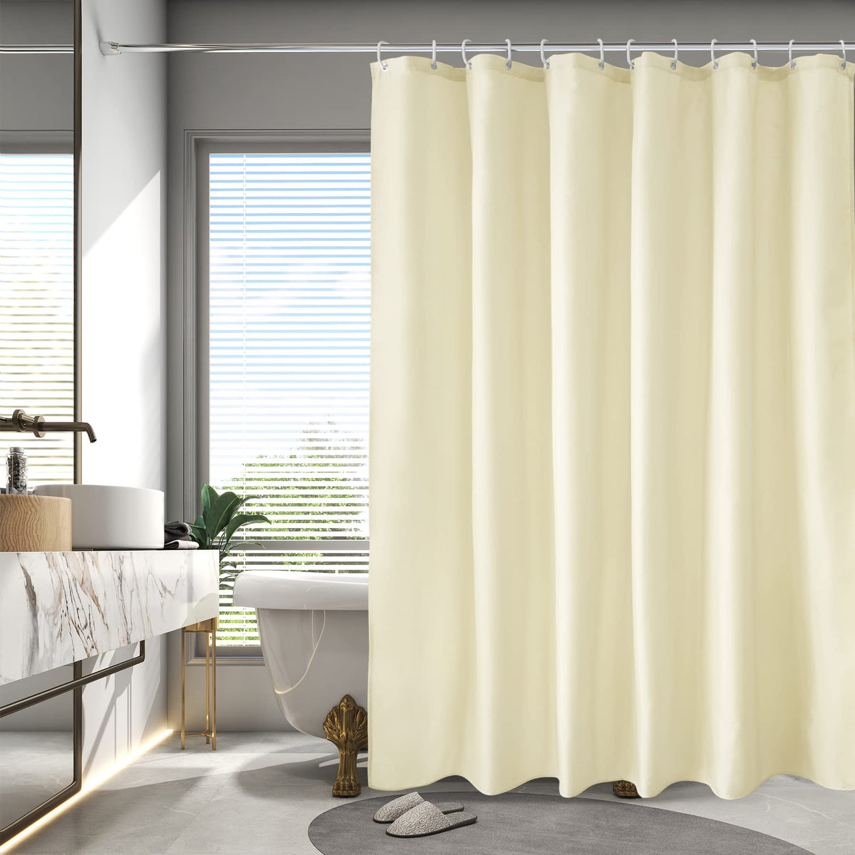 AooHome Hotel Shower Curtain Liner, Fabric Beige Standard Shower Curtain with Hooks, Weighted Hem, Water Repellent, 72 x 72 Inch