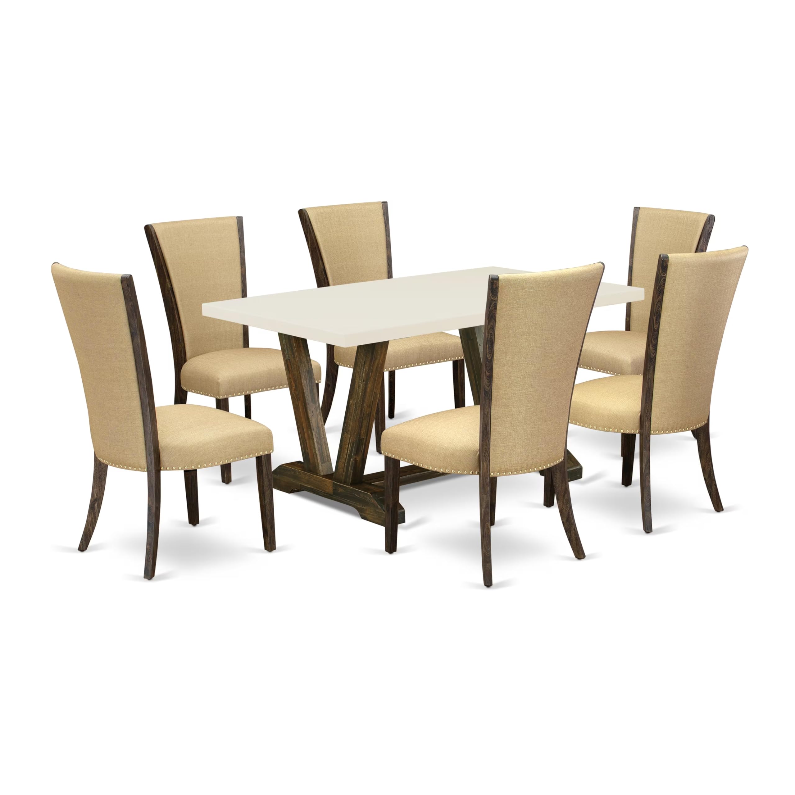 East West Furniture V726Ve703-7 7 Piece Dinette Set Consist Of A Rectangle Dining Room Table With V-Legs And 6 Brown Linen Fabric Upholstered Parson Chairs, 36X60 Inch, Multi-Color