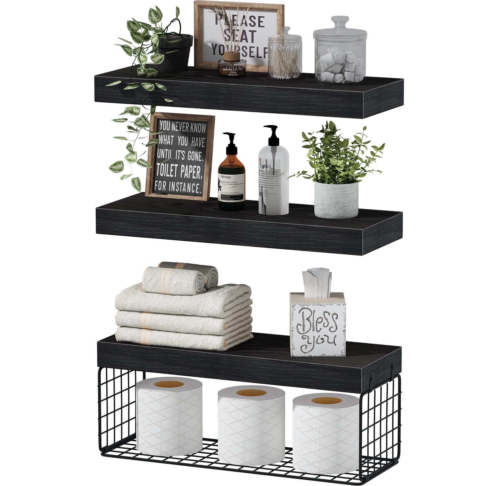 QEEIG Black Bathroom Shelves Over Toilet Wall Mounted Floating Shelves Farmhouse Shelf Toilet Paper Storage Small 16 inch Set of