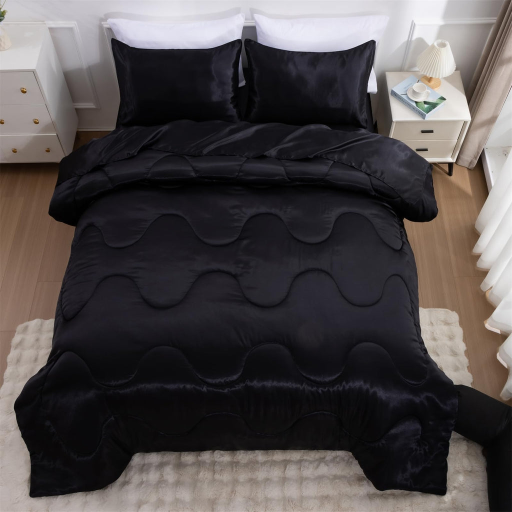 A Nice Night 5Pcs Satin Silky Soft Quilt Luxury Super Soft Microfiber Bedding Thin Comforter Set Queen,Black