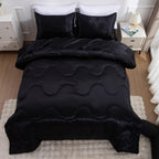 A Nice Night 5Pcs Satin Silky Soft Quilt Luxury Super Soft Microfiber Bedding Thin Comforter Set Queen,Black
