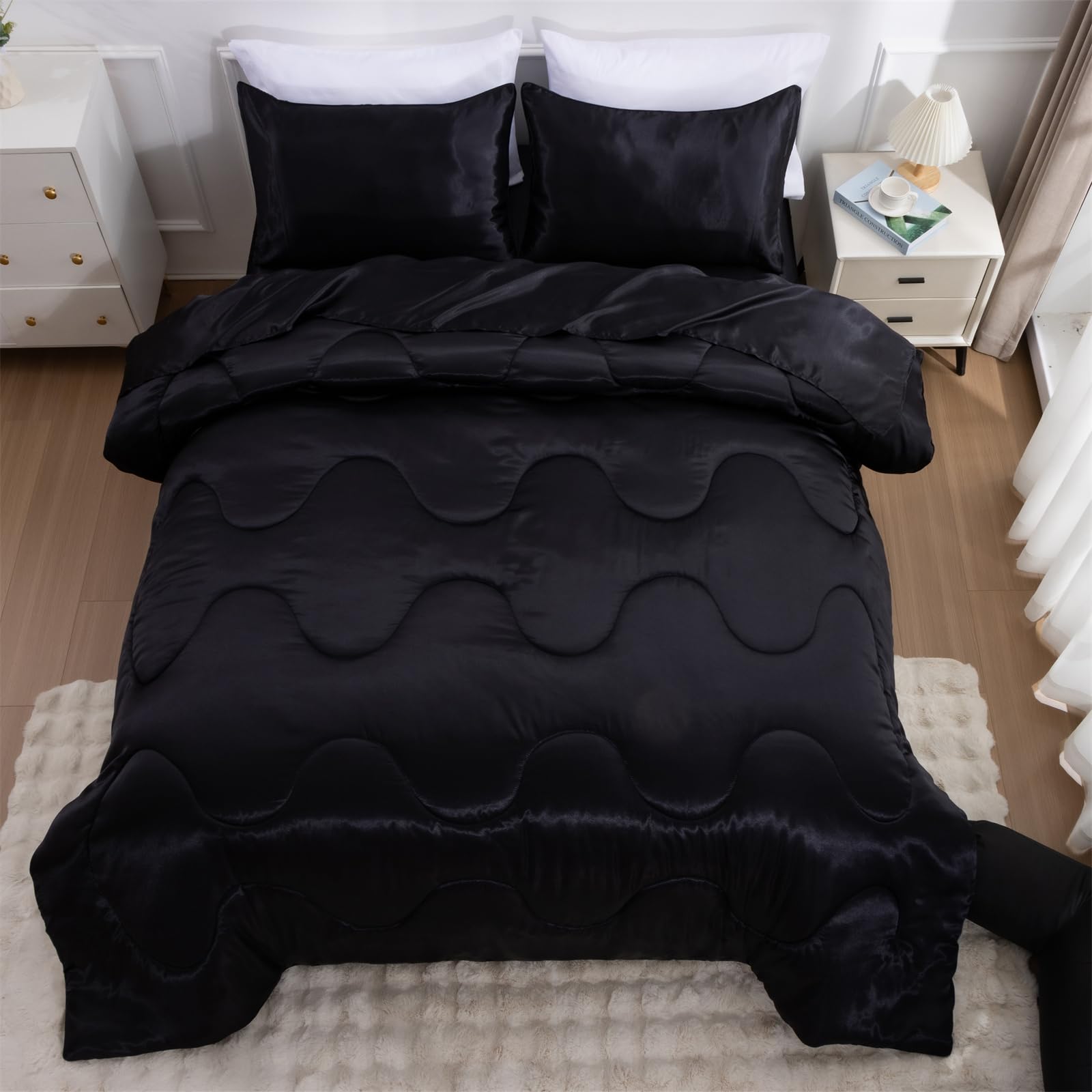 A Nice Night 5Pcs Satin Silky Soft Quilt Luxury Super Soft Microfiber Bedding Thin Comforter Set Queen,Black
