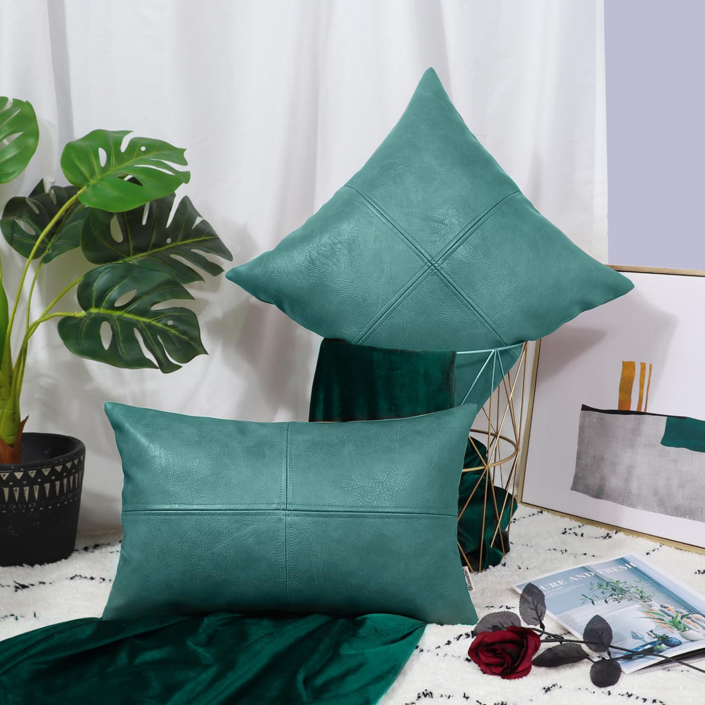 Brawarm Faux Leather Throw Pillow Covers 18 X 18 Inches, Teal Leather Pillow Cover, Hand Stitched Leather Decorative Pillow Cove
