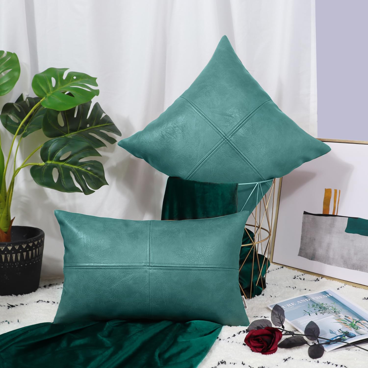 Brawarm Faux Leather Throw Pillow Covers 18 X 18 Inches, Teal Leather Pillow Cover, Hand Stitched Leather Decorative Pillow Cove