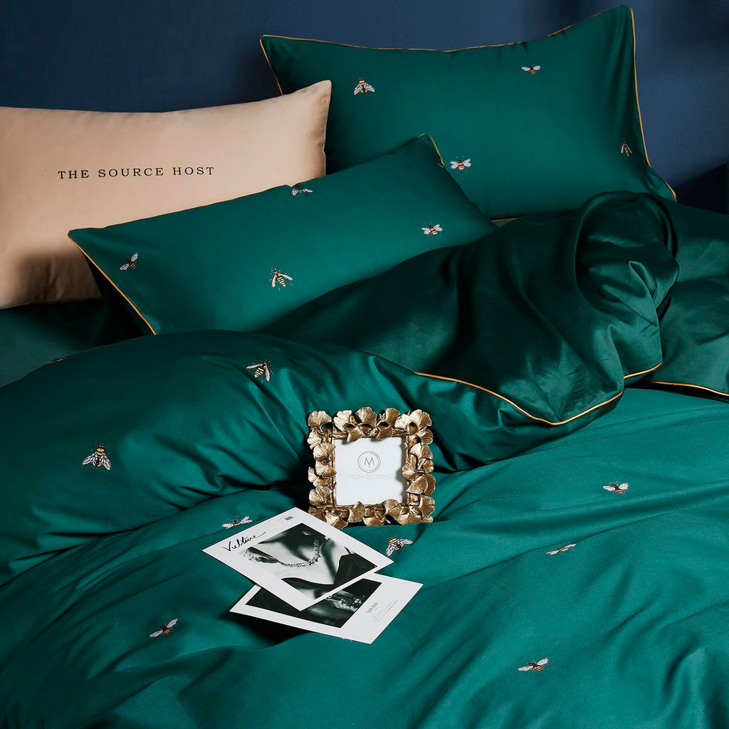 Mixinni Dark Green Duvet Cover King Size, 100% Long Staple Cotton Honeybee Floral Pattern 3Pc Bedding Duvet Cover Set With Zippe