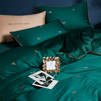 Mixinni Dark Green Duvet Cover King Size, 100% Long Staple Cotton Honeybee Floral Pattern 3Pc Bedding Duvet Cover Set With Zippe