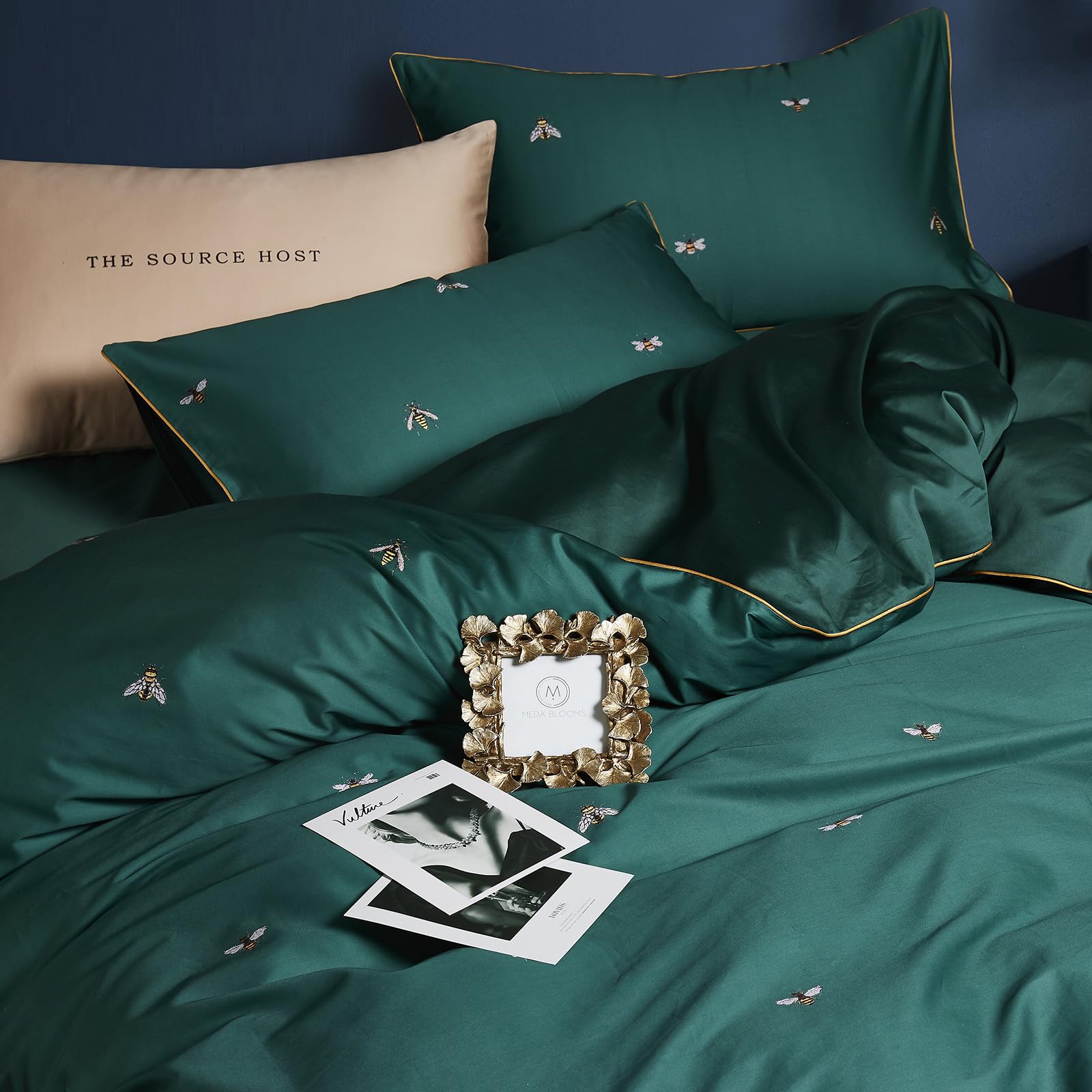 Mixinni Dark Green Duvet Cover King Size, 100% Long Staple Cotton Honeybee Floral Pattern 3Pc Bedding Duvet Cover Set With Zippe