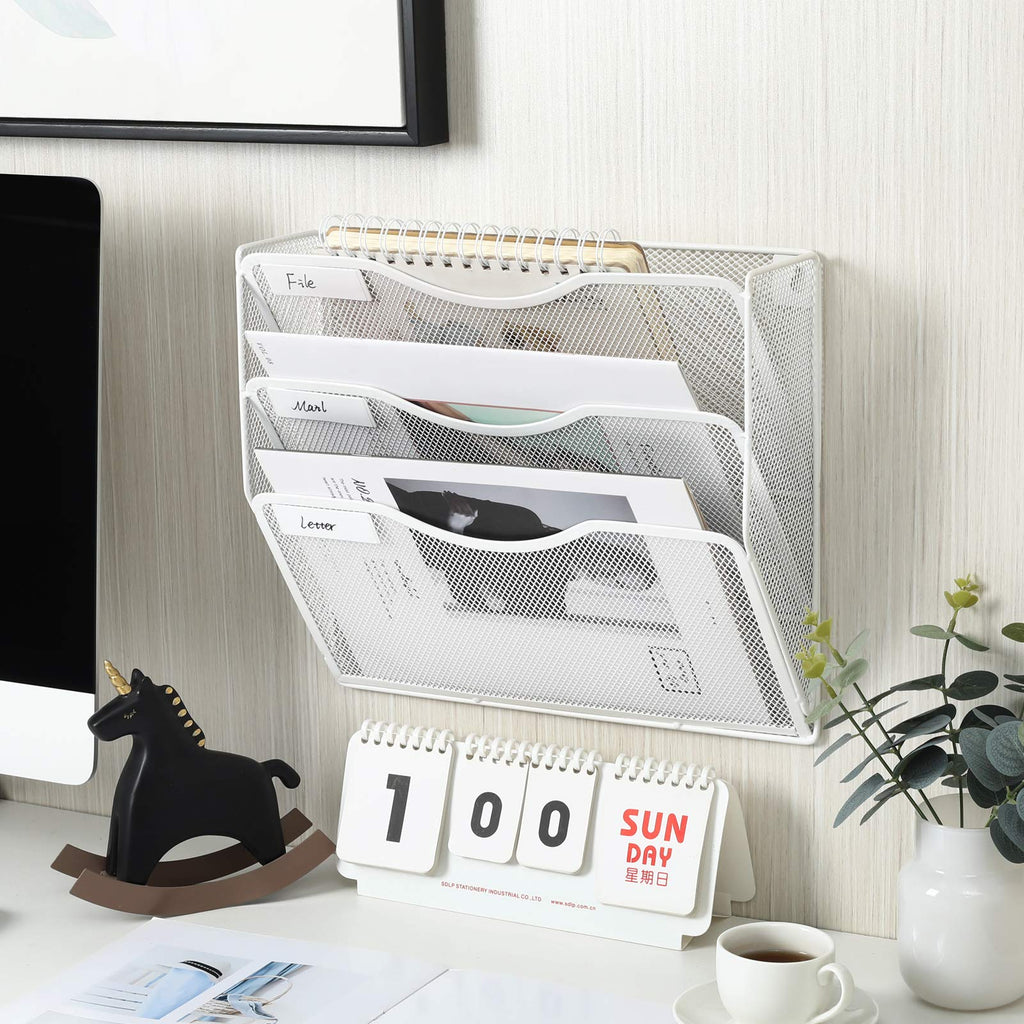 Easypag Office 3 Pocket Wall File Folder Holder Hanging Organizer Metal Magazine Document Rack,White