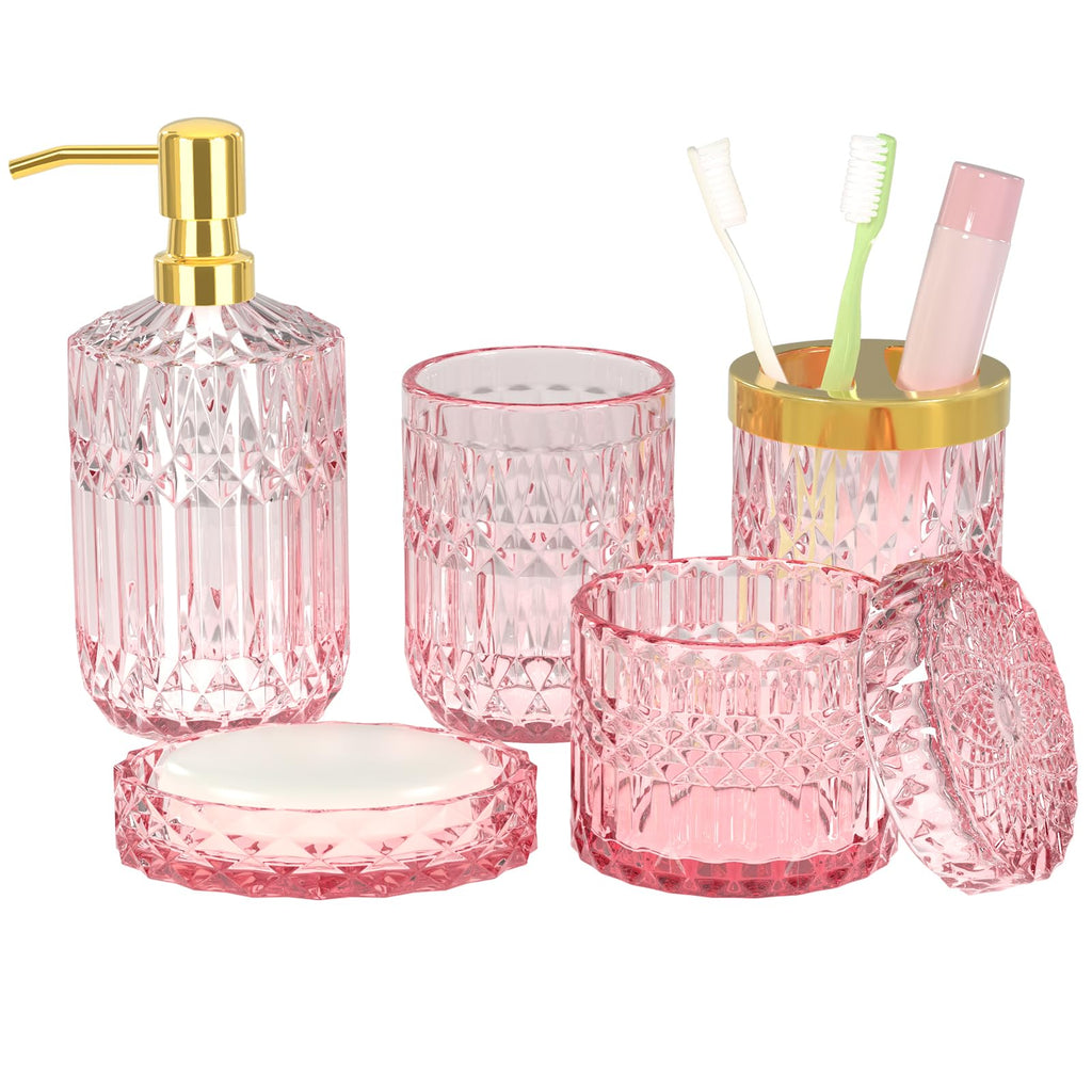 Newest Pink Bathroom Accessories Set - 5 PCS Glass Bathroom Decor with Soap Dispenser & Soap Dish & Toothbrush Holder & Tumbler 
